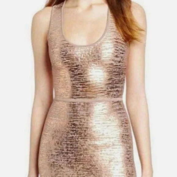 BCBGMAXAZRIA “Gisela” Rose gold rayon/spandex bandage dress size XS NWT